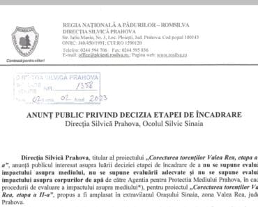 Directia Silvica Prahova/ Anunt public privind decizia etapei de incadrare