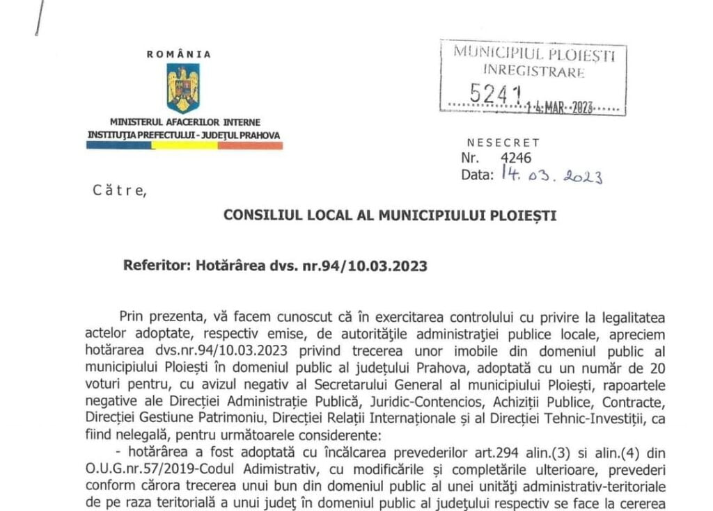 Prefectura Prahova solicita CJ Prahova retragerea proiectului de transfer al Parcului Municipal Ploiesti in domeniul judetului
