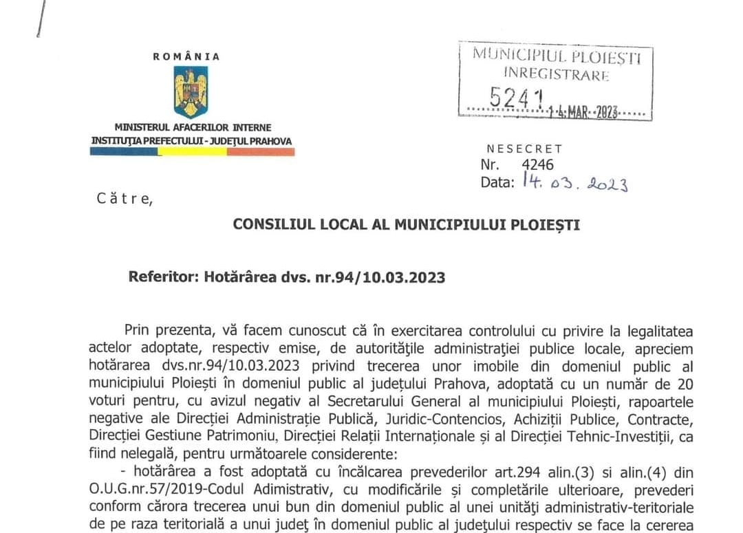 Prefectura Prahova solicita CJ Prahova retragerea proiectului de transfer al Parcului Municipal Ploiesti in domeniul judetului