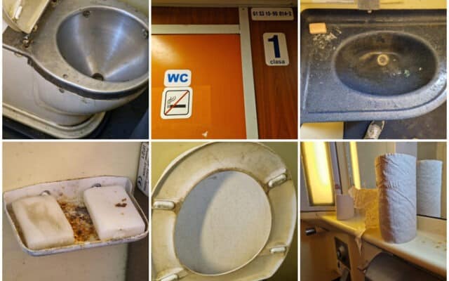 Cum arată băile de la clasa 1 în trenurile CFR: Mizerie, rugină, săpunuri refolosite și hârtie depozitată impropriu
