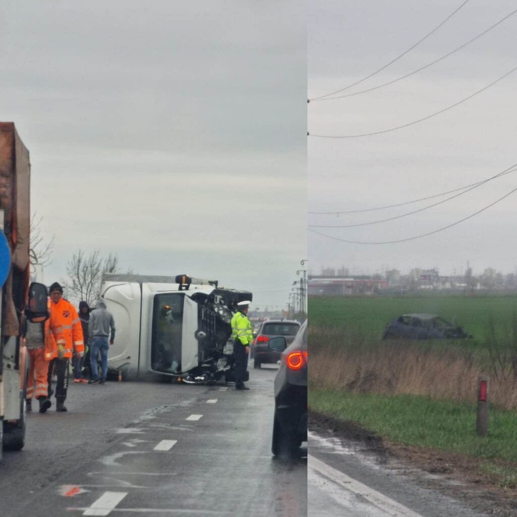 Accident pe DN1, la Pauleşti. Un autoturism a ajuns în câmp după impactul cu un camion. Acesta s-a răsturnat pe banda de circulatie