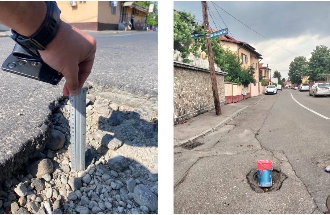 Groapă de pe strada Tinerimii, semnalizată cu… găleți