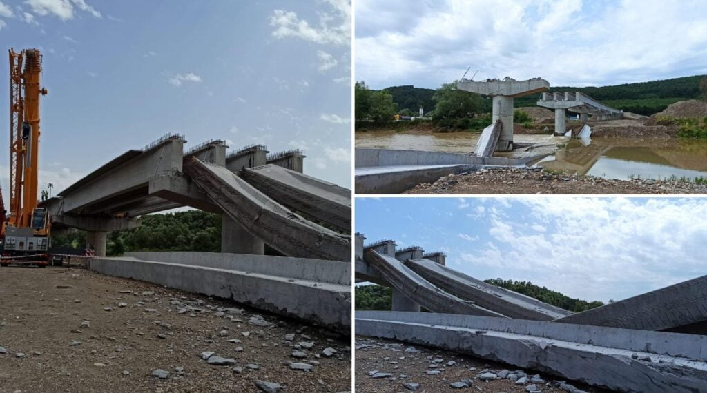 Prăpăd în Bistrița-Năsăud. Grinzile noului pod de pe râul Someș s-au prăbușit de la 20 de metri din cauza furtunii