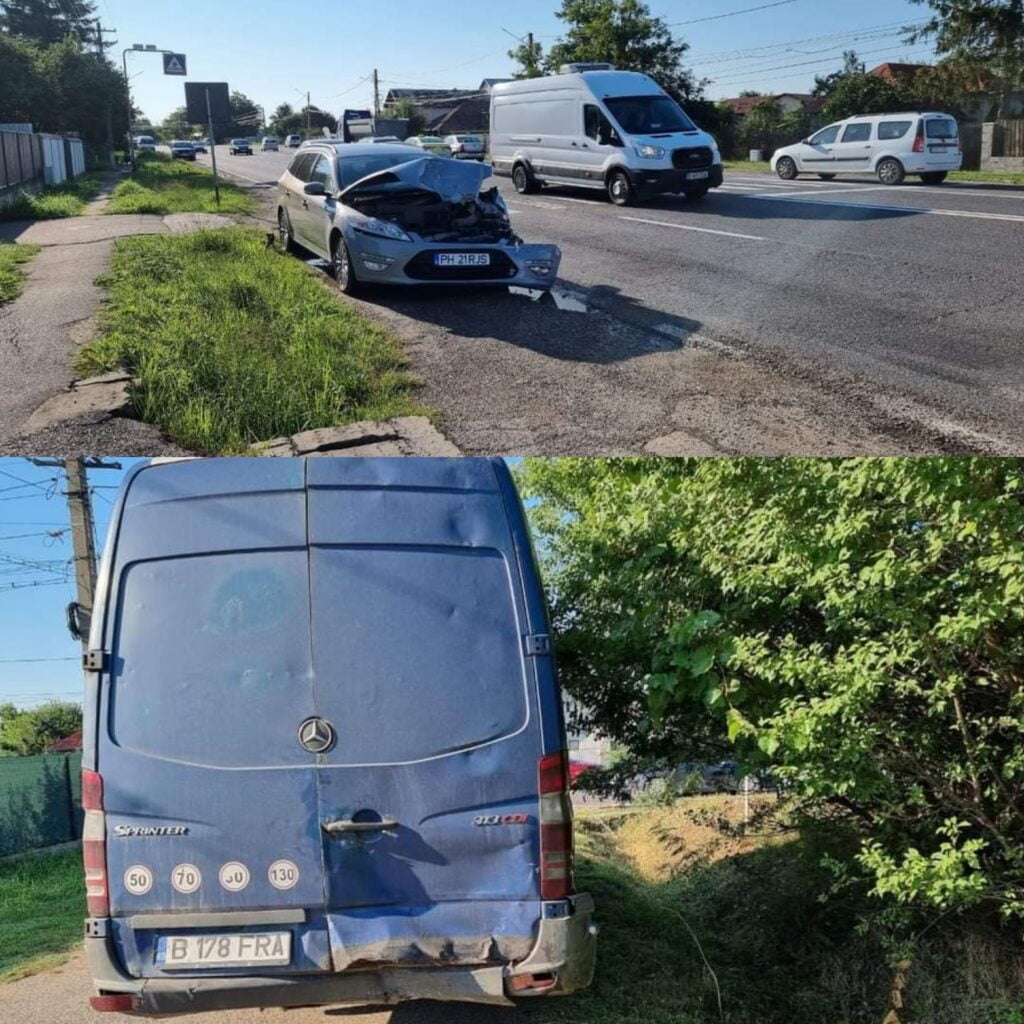 Accident pe DN1B, la Valea Calugarească. O maşină s-a făcut acordeon după ce a lovit o dubiță