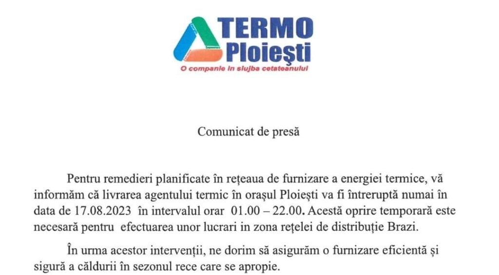 Termo Ploiesti anunta sistarea apei calde pana la ora 22. Compania neaga zvonurile potrivit carora nu vor exista gaze la iarna