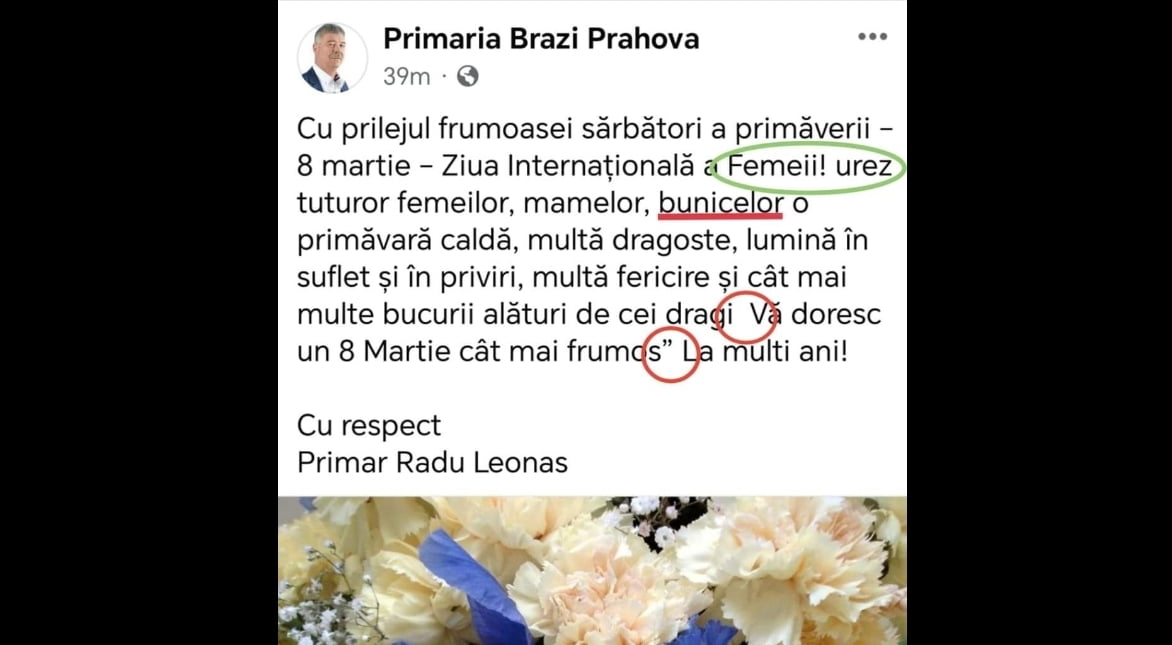 Radu Leonaş, primarul din Brazi, luat în vizor de locuitorii comunei! Urarea de 8 Martie, plină de greşeli gramaticale