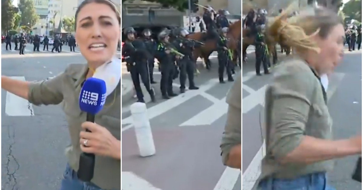 Momentul în care poliția din Los Angeles împușcă o jurnalistă australiană, în timpul unei transmisiuni în direct de la proteste