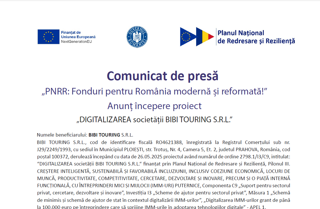 Anunț începere proiect  „DIGITALIZAREA societății BIBI TOURING S.R.L.”