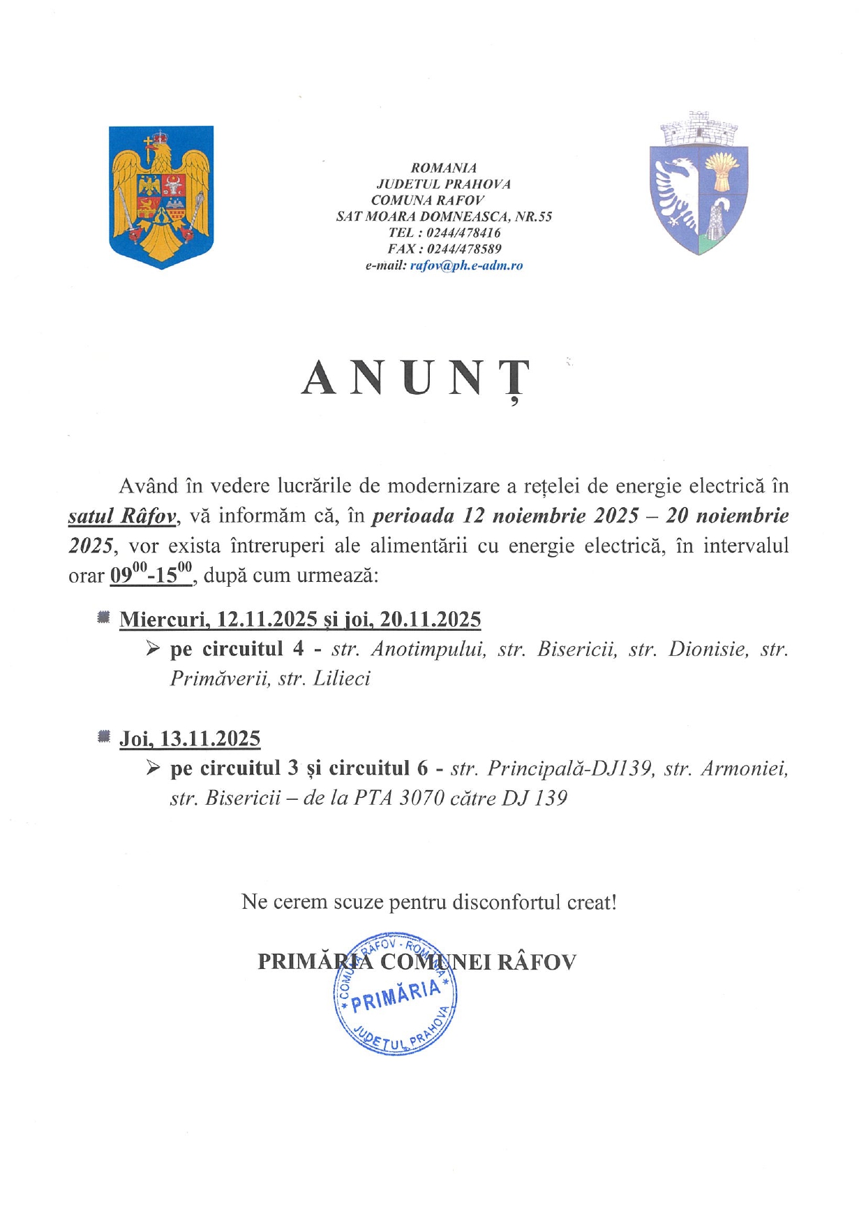 Primaria Rafov anunta intreruperi de alimentare cu energie electrica Primaria Rafov anunta intreruperi de alimentare cu energie electrica