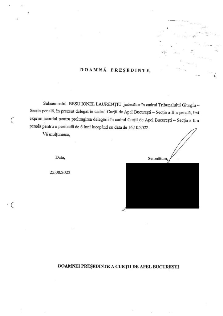 Dovada manipulării realizate de fostul judecător Laurențiu Beșu în reportajul Recorder: delegarea sa la Curtea de Apel București s-a făcut nu abuziv, ci cu acceptul său scris de mai multe ori