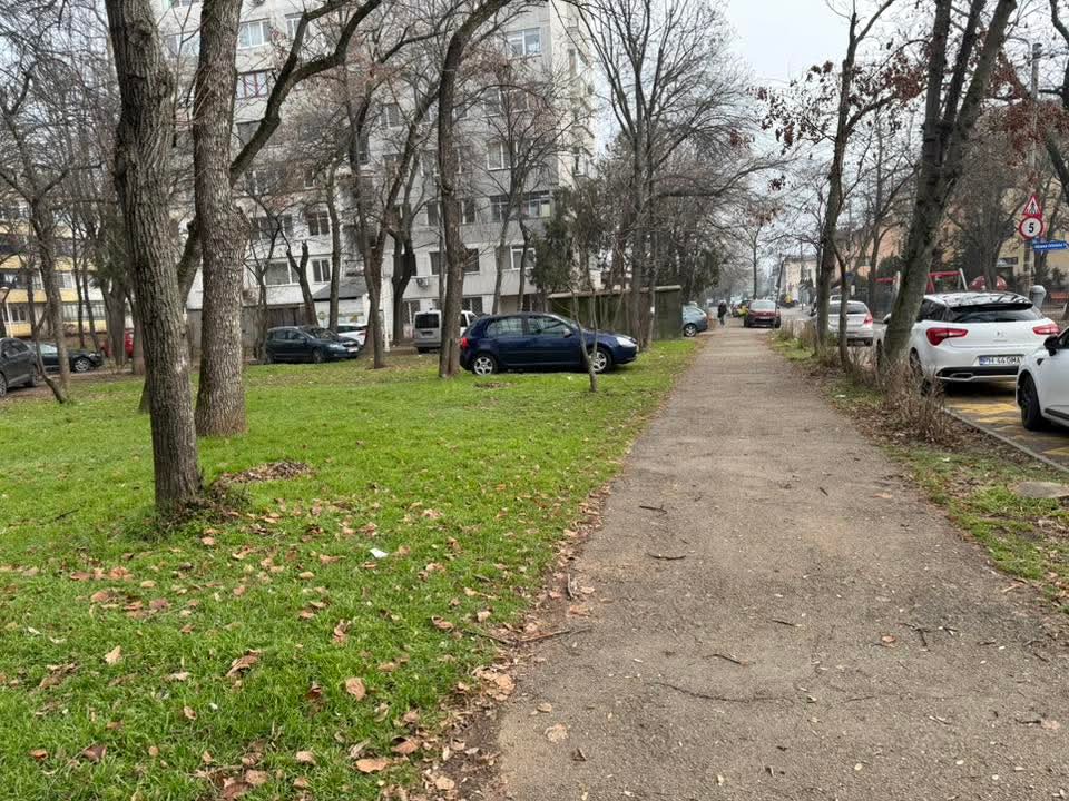 Locuitorii de pe strada Trotuș reclamă șoferii care parchează pe spațiul verde, chiar sub ferestrele de la parter