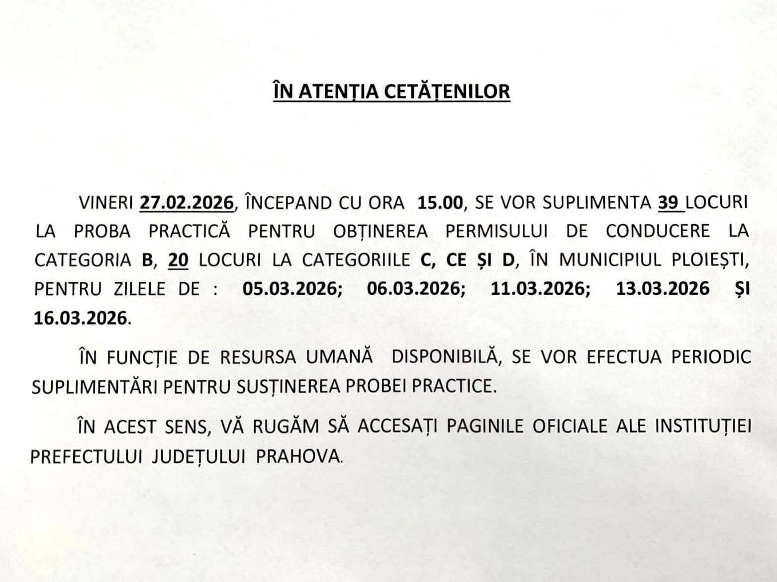 DRPCIV Prahova/ Se suplimentează locurile pentru proba practică la examenul auto