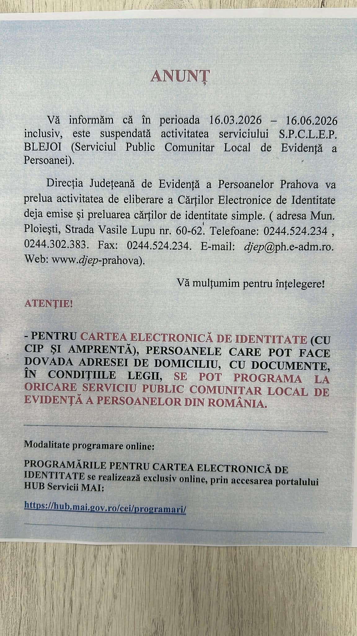 Serviciul de Evidență a Persoanei din Blejoi se închide temporar: unde își pot rezolva locuitorii actele până în iunie