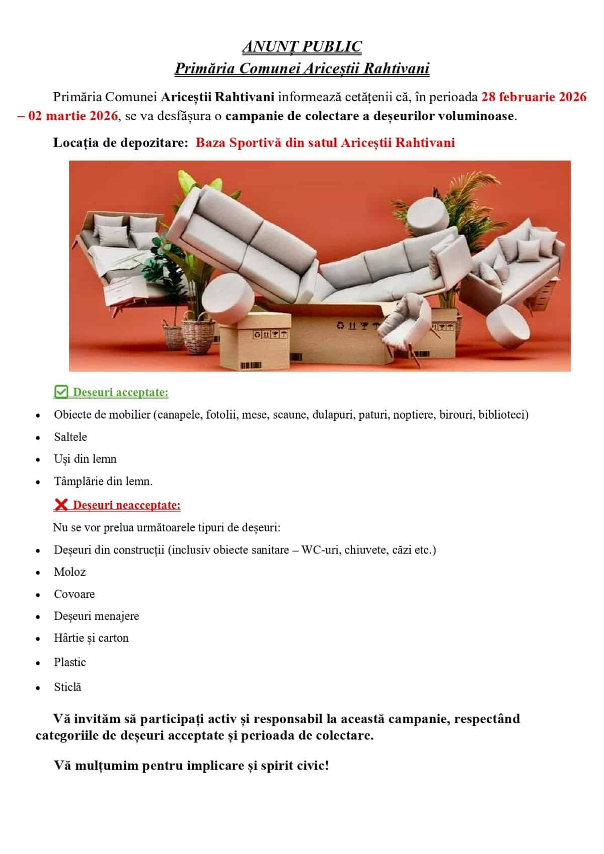Primaria Aricestii Rahtivani : Campanie de colectare a deșeurilor voluminoase  28 februarie – 2 martie 2026