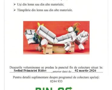 Primăria Râfov: Campanie de colectare gratuită a deșeurilor voluminoase