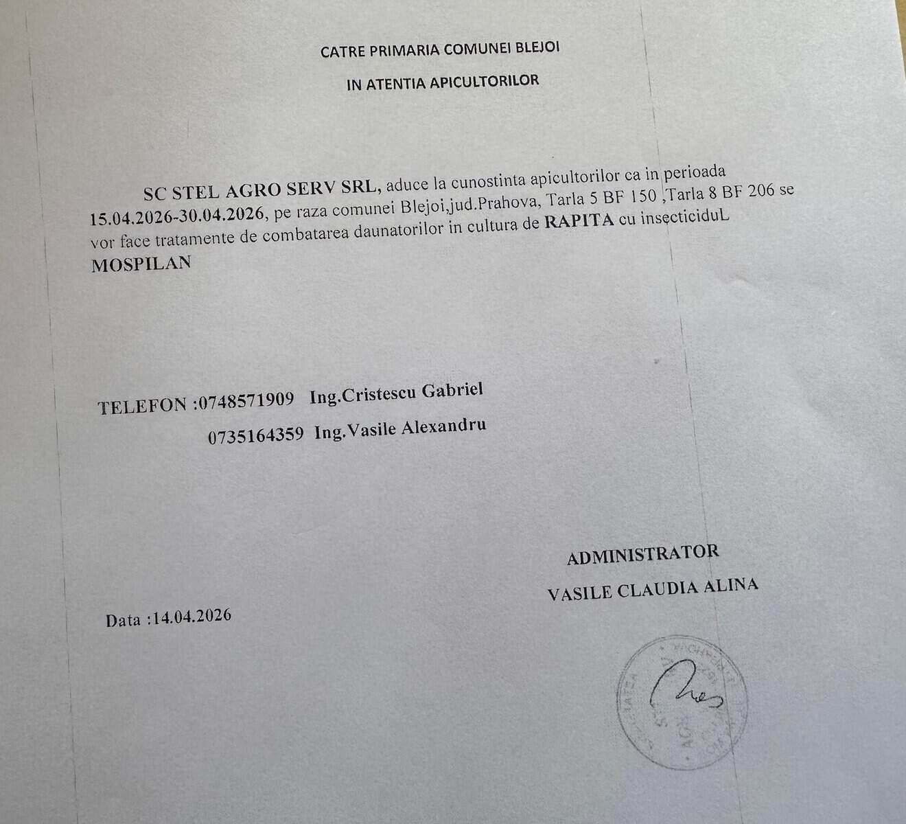 Anunț important pentru apicultorii din comuna Blejoi