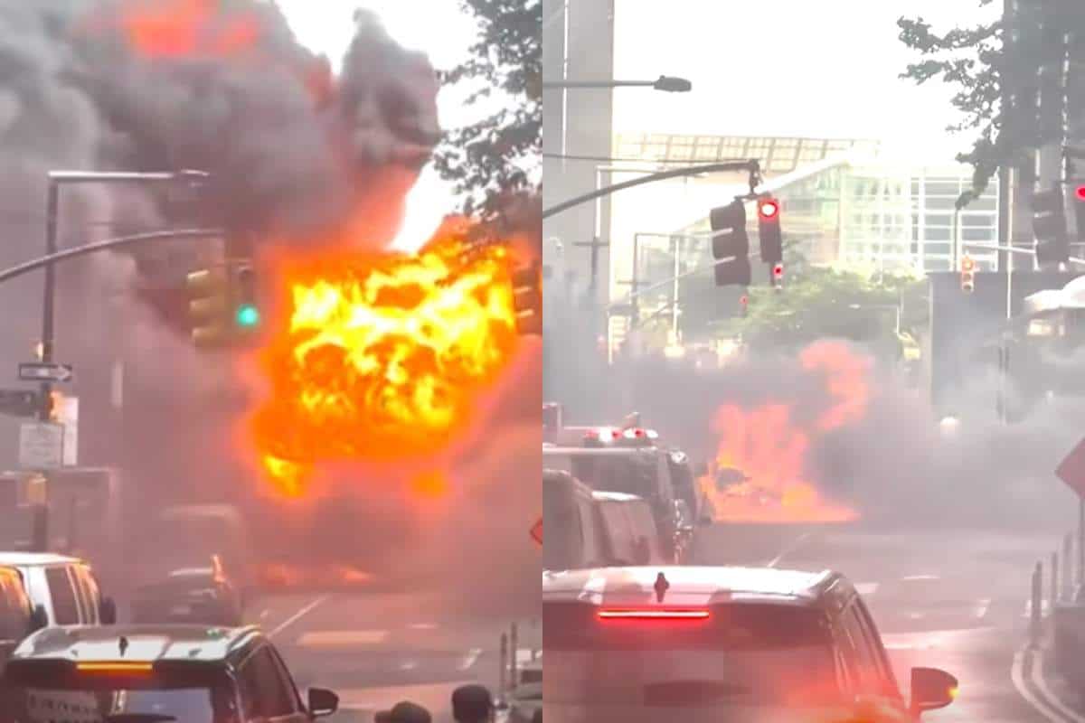 Momentul șocant în care o mașină sare în aer, la semafor. Vehiculul s-a făcut scrum Momentul șocant în care o mașină sare în aer, la semafor. Vehiculul s-a făcut scrum