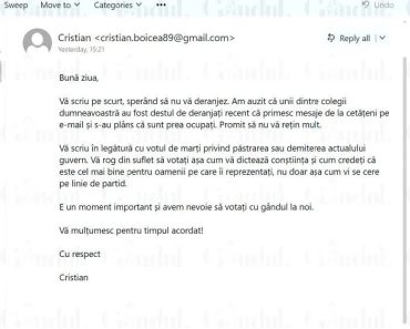 DISPERARE MAXIMĂ/Operaţiunea “spam”. Parlamentarii sunt bombardaţi cu mii de emailuri identice, de pe zeci de adrese diferite, pentru a-l susţine pe Ilie Bolojan la moţiunea de cenzură