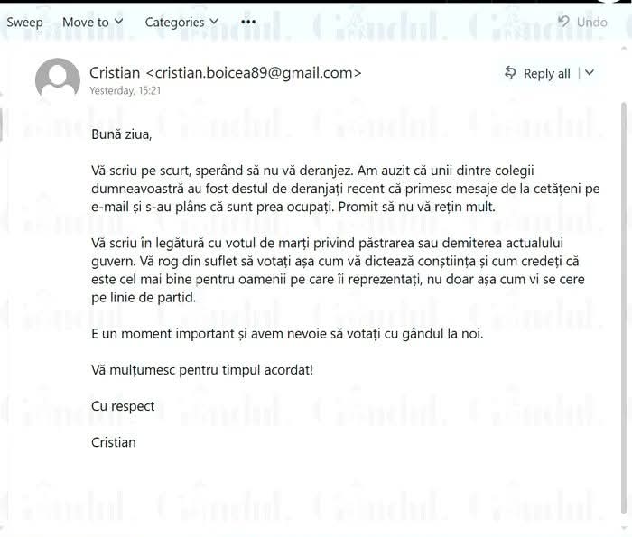 DISPERARE MAXIMĂ/Operaţiunea “spam”. Parlamentarii sunt bombardaţi cu mii de emailuri identice, de pe zeci de adrese diferite, pentru a-l susţine pe Ilie Bolojan la moţiunea de cenzură