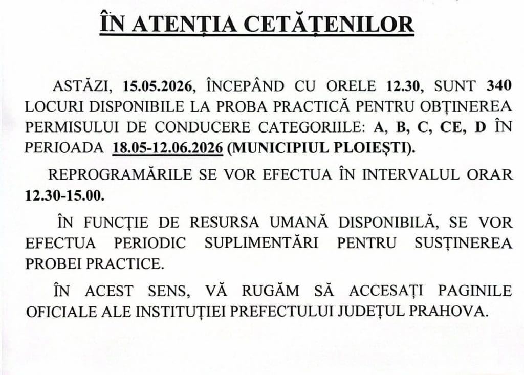 Ploiești: Locuri suplimentate, astăzi, la proba practică pentru examenul auto
