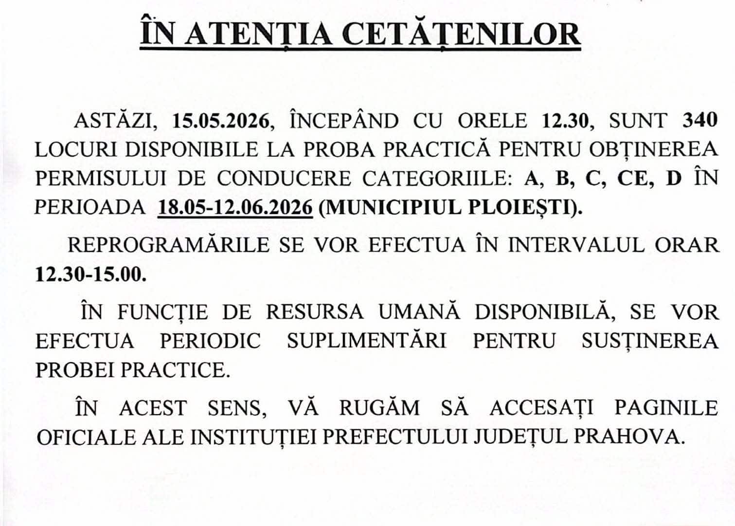 Ploiești: Locuri suplimentate, astăzi, la proba practică pentru examenul auto