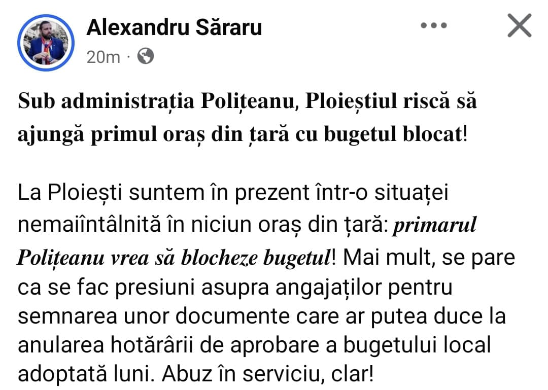 Alexandru Săraru, viceprimar AUR: „Primarul Mihai Polițeanu vrea să blocheze bugetul orașului pentru a plăti ilegal studii inutile către firme agreate din Caraș-Severin”