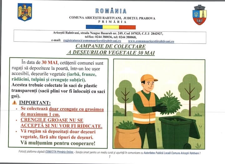 Primăria Ariceștii Rahtivani: Campanie de colectare a deșeurilor vegetale