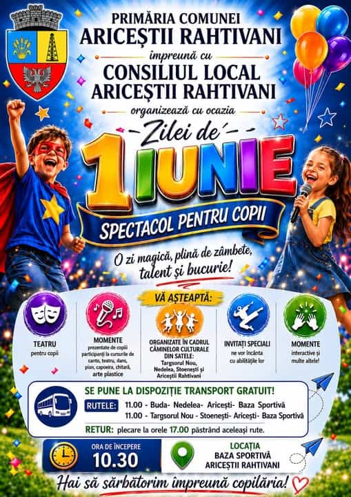 Primăria Ariceștii Rahtivani organizează spectacol pentru copii de 1 iunie