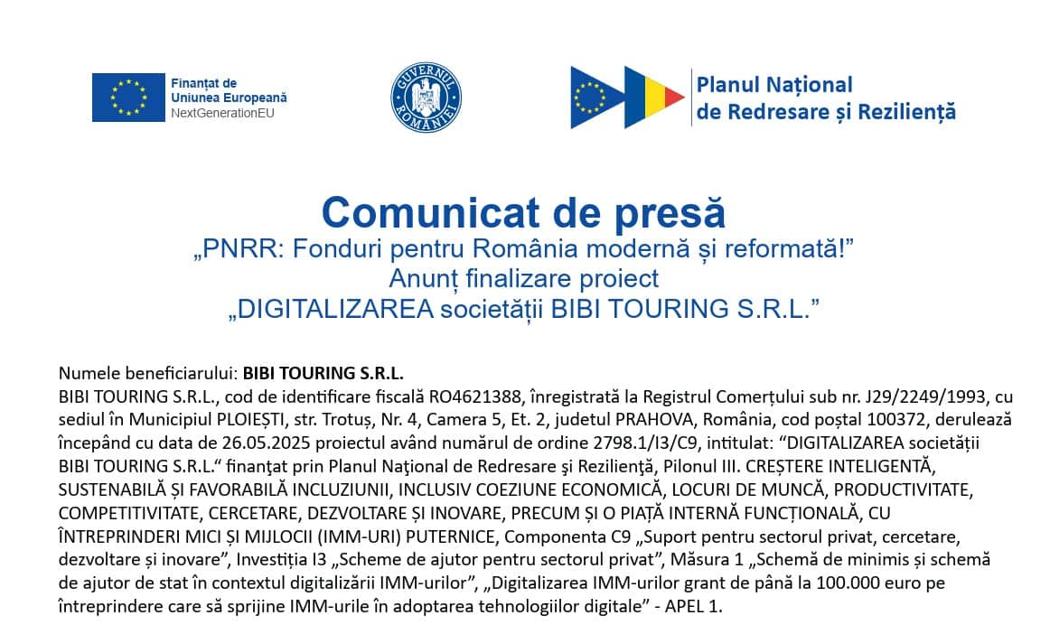 BIBI TOURING SRL anunță implementarea proiectului “DIGITALIZAREA societății BIBI TOURING S.R.L.“ finanțat prin PNRR 