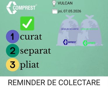 Comprest: Reminder de colectare Vulcan, fracția de sticlă și fracția de hârtie – joi, 07.05.2026