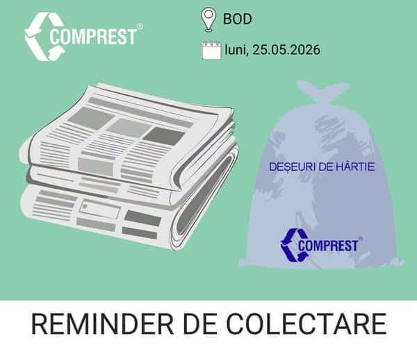Comprest: Reminder de colectare Bod, fracția de hârtie – luni, 25.05.2026