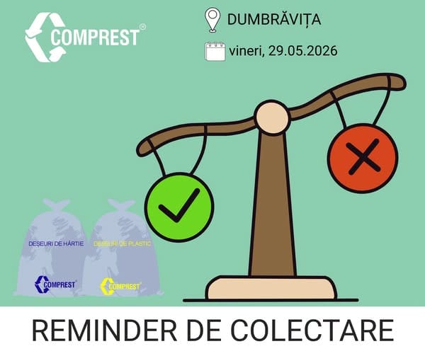 Comprest: Reminder de colectare Dumbrăvița, fracția de hârtie și fracția de plastic – 29.05.2026 Comprest: Reminder de colectare Dumbrăvița, fracția de hârtie și fracția de plastic – 29.05.2026
