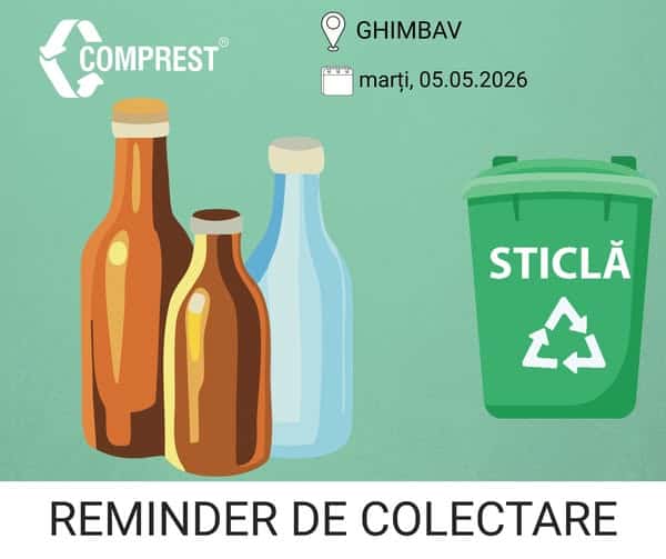Comprest: Reminder de colectare Ghimbav, fracția de sticlă – marți, 05.05.2026
