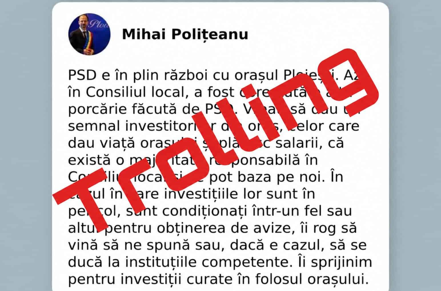 RĂZBOI TOTAL ÎMPOTRIVA PLOIEȘTENILOR! Primarul Polițeanu face trolling pe Facebook ca să acopere tunul imobiliar de 3 lei/mp și favorizarea multinaționalelor în detrimentul comercianților locali! RĂZBOI TOTAL ÎMPOTRIVA PLOIEȘTENILOR! Primarul Polițeanu face trolling pe Facebook ca să acopere tunul imobiliar de 3 lei/mp și favorizarea multinaționalelor în detrimentul comercianților locali!