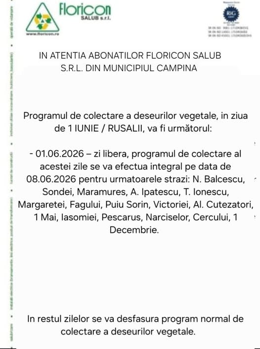 Floricon: IN ATENTIA ABONATILOR FLORICON SALUB S.R.L. CAMPINA