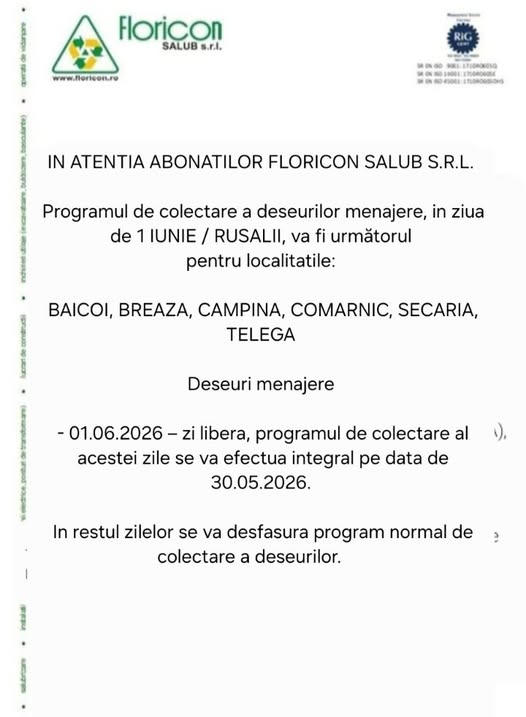 Floricon: IN ATENTIA ABONATILOR FLORICON SALUB S.R.L.
