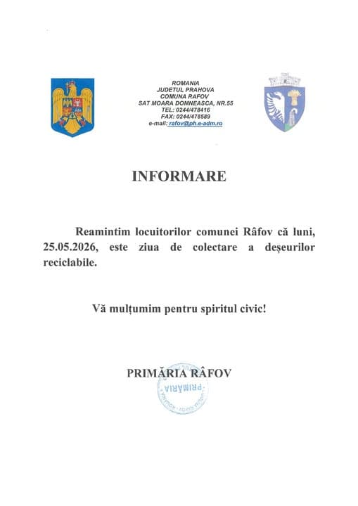 Primăria Râfov: Anunț privind colectarea deșeurilor