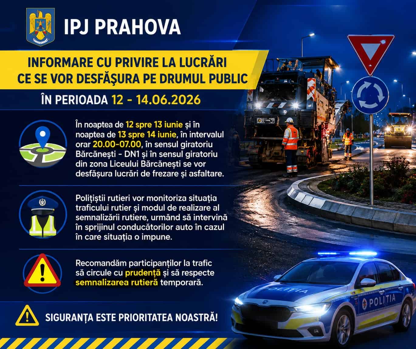 Lucrări la sensurile giratorii din Bărcănești. Anunțul Poliției Prahova