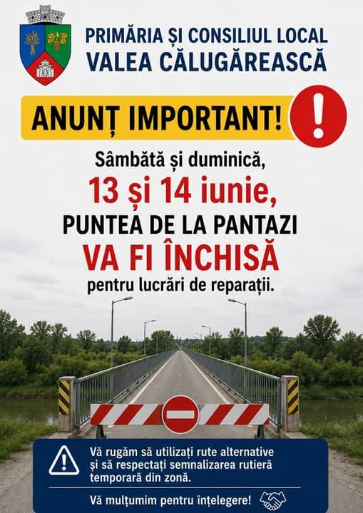 Primăria Albești Paleologu: Puntea din satul Pantazi se închide temporar pentru lucrări de reparații Primăria Albești Paleologu: Puntea din satul Pantazi se închide temporar pentru lucrări de reparații