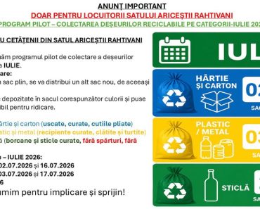 Primăria Ariceștii Rahtivani: PROGRAM PROIECT PILOT- RECICLARE PE 3 FRACȚII LUNA IULIE 2026