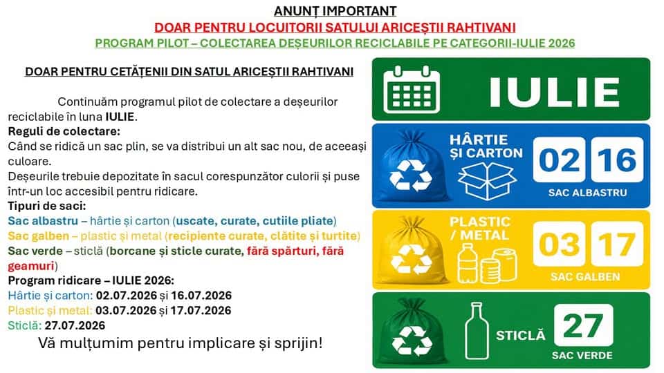Primăria Ariceștii Rahtivani: PROGRAM PROIECT PILOT- RECICLARE PE 3 FRACȚII LUNA IULIE 2026