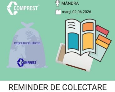 Comprest: Reminder de colectare Mândra, fracția de hârtie – marți, 02.06.2026 Comprest: Reminder de colectare Mândra, fracția de hârtie – marți, 02.06.2026