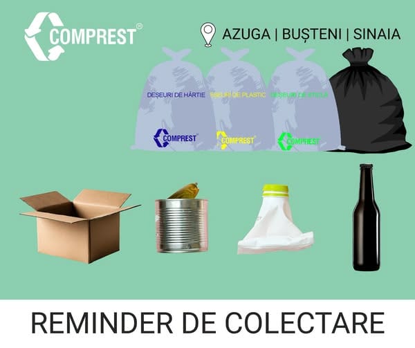 Comprest: În perioada 09-11 IUNIE 2026, în zona 1 BUȘTENI – Azuga, Bușteni, Sinaia – urmează a fi colectate deșeurile