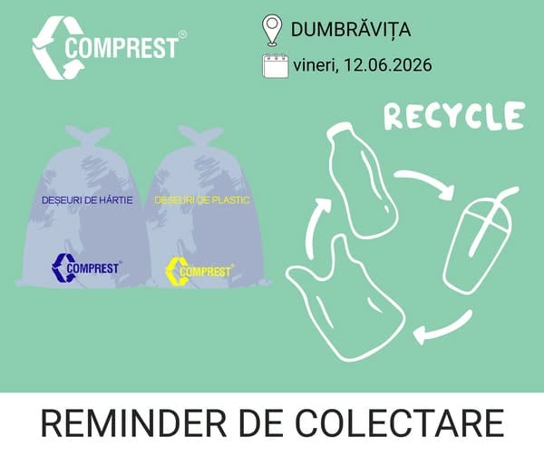 Comprest: Reminder de colectare Dumbrăvița, fracția de hârtie/carton și fracția de plastic/metal – vineri, 12.06.2026