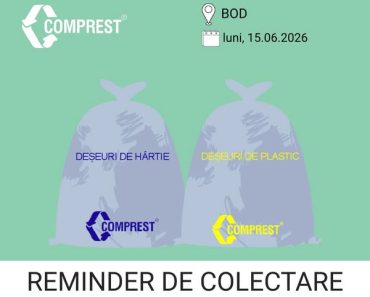 Comprest: Reminder de colectare Bod, fracția de hârtie și plastic – luni, 15.06.2026 Comprest: Reminder de colectare Bod, fracția de hârtie și plastic – luni, 15.06.2026