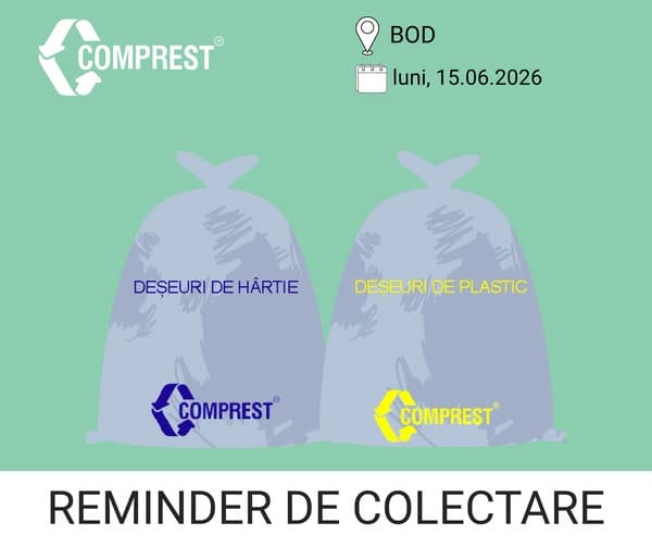 Comprest: Reminder de colectare Bod, fracția de hârtie și plastic – luni, 15.06.2026