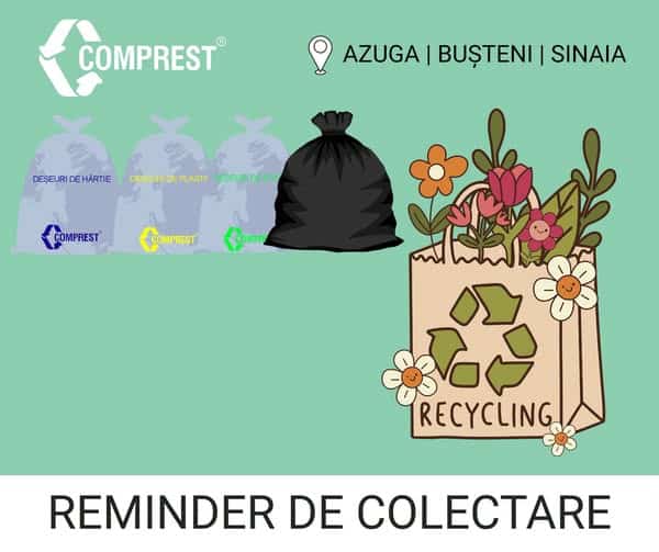 Comprest: În perioada 23-25 IUNIE 2026, în zona 1 BUȘTENI – Azuga, Bușteni, Sinaia – urmează a fi colectate deșeurile Comprest: În perioada 23-25 IUNIE 2026, în zona 1 BUȘTENI – Azuga, Bușteni, Sinaia – urmează a fi colectate deșeurile