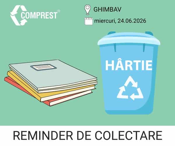 Comprest: Reminder de colectare Ghimbav, fracția de hârtie – miercuri, 24.06.2026 Comprest: Reminder de colectare Ghimbav, fracția de hârtie – miercuri, 24.06.2026