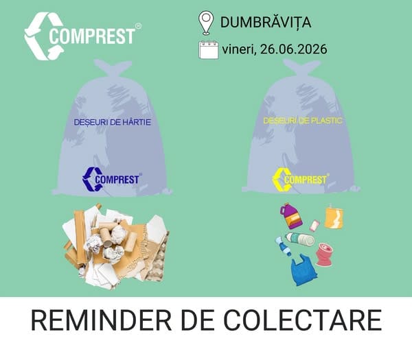 Comprest: Reminder de colectare Dumbrăvița, fracția de plastic și hârtie – vineri, 26.06.2026