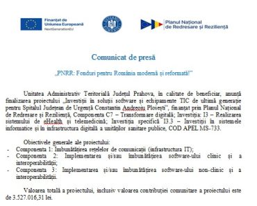 UAT Județul Prahova anunță finalizarea proiectului „Investiții în soluții software și echipamente TIC de ultimă generație pentru Spitalul Județean de Urgență Constantin Andreoiu Ploiești”, finanțat prin PNRR UAT Județul Prahova anunță finalizarea proiectului „Investiții în soluții software și echipamente TIC de ultimă generație pentru Spitalul Județean de Urgență Constantin Andreoiu Ploiești”, finanțat prin PNRR